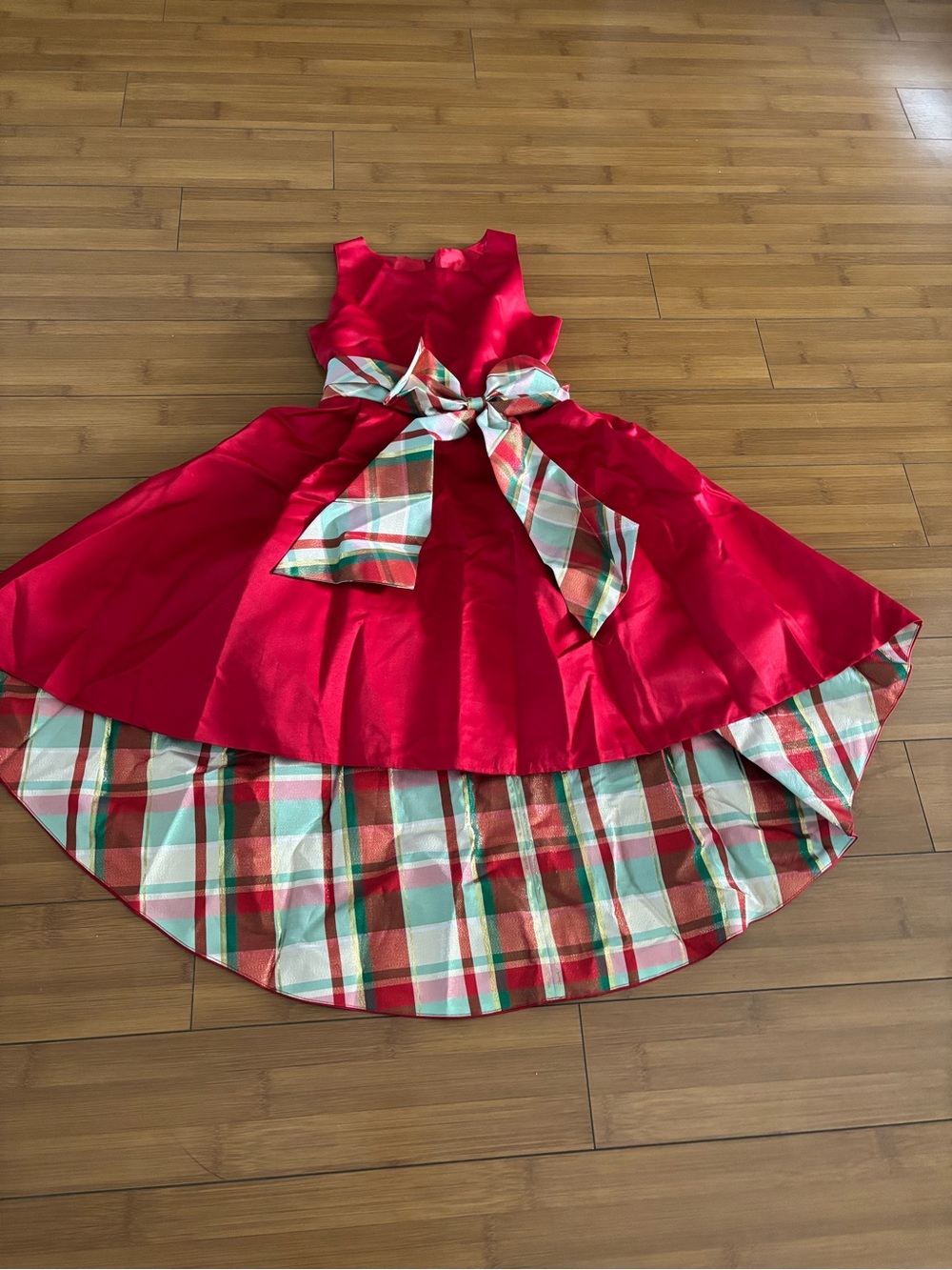 Rare Editions Red Satin Dress with Plaid Bow and Hem